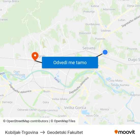 Kobiljak-Trgovina to Geodetski Fakultet map