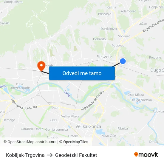 Kobiljak-Trgovina to Geodetski Fakultet map