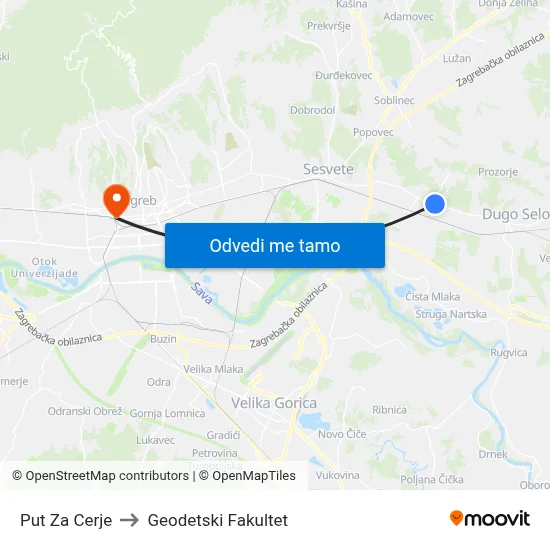 Put Za Cerje to Geodetski Fakultet map