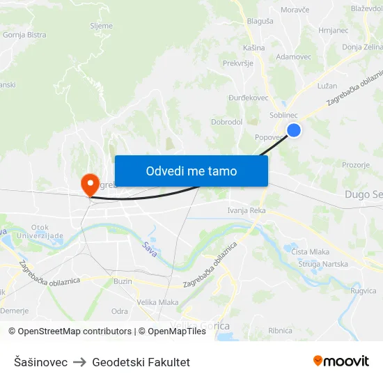Šašinovec to Geodetski Fakultet map