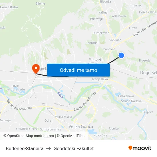 Budenec-Stančira to Geodetski Fakultet map