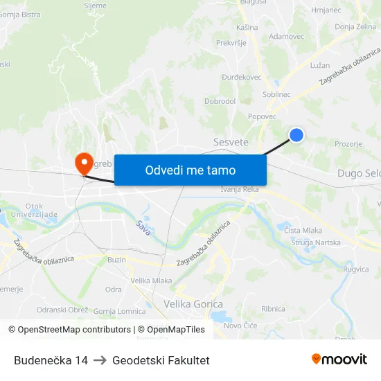 Budenečka 14 to Geodetski Fakultet map