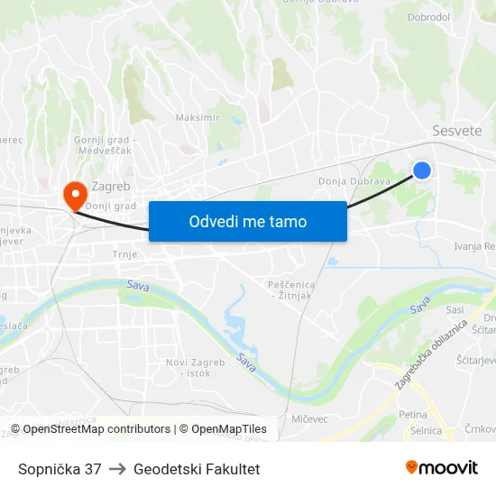 Sopnička 37 to Geodetski Fakultet map