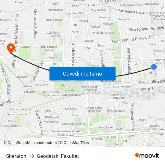 Sheraton to Geodetski Fakultet map