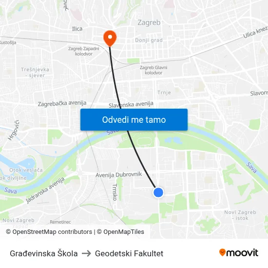 Građevinska Škola to Geodetski Fakultet map