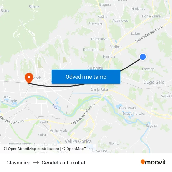 Glavničica to Geodetski Fakultet map