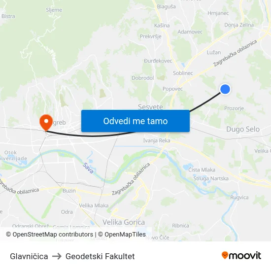 Glavničica to Geodetski Fakultet map