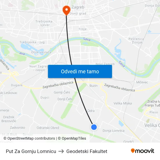 Put Za Gornju Lomnicu to Geodetski Fakultet map