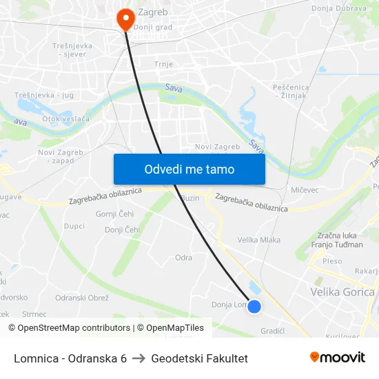 Lomnica - Odranska 6 to Geodetski Fakultet map