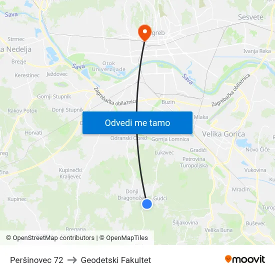 Peršinovec 72 to Geodetski Fakultet map