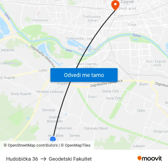 Hudobička 36 to Geodetski Fakultet map
