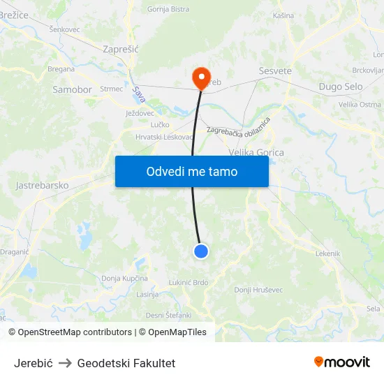 Jerebić to Geodetski Fakultet map