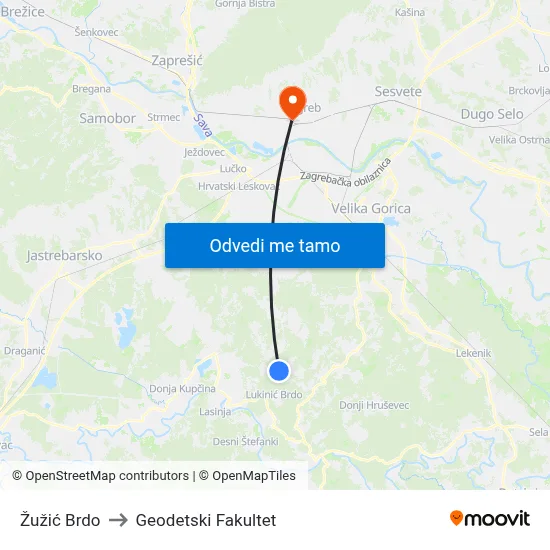 Žužić Brdo to Geodetski Fakultet map