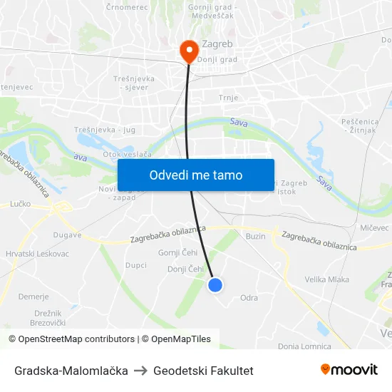 Gradska-Malomlačka to Geodetski Fakultet map