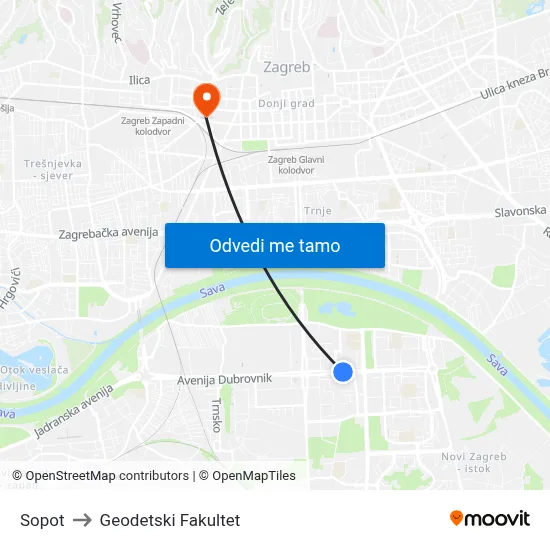 Sopot to Geodetski Fakultet map
