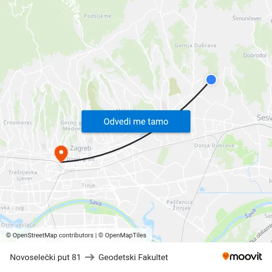 Novoselečki put 81 to Geodetski Fakultet map