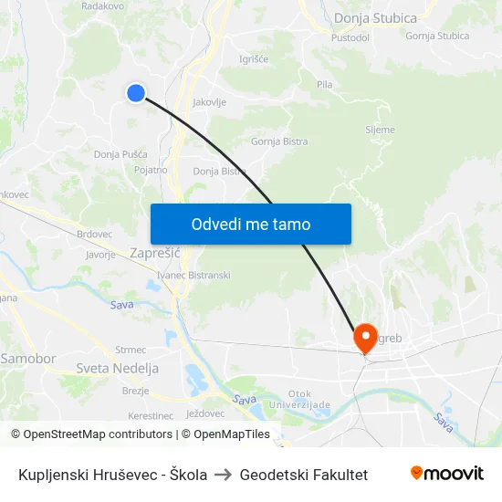 Kupljenski Hruševec - Škola to Geodetski Fakultet map
