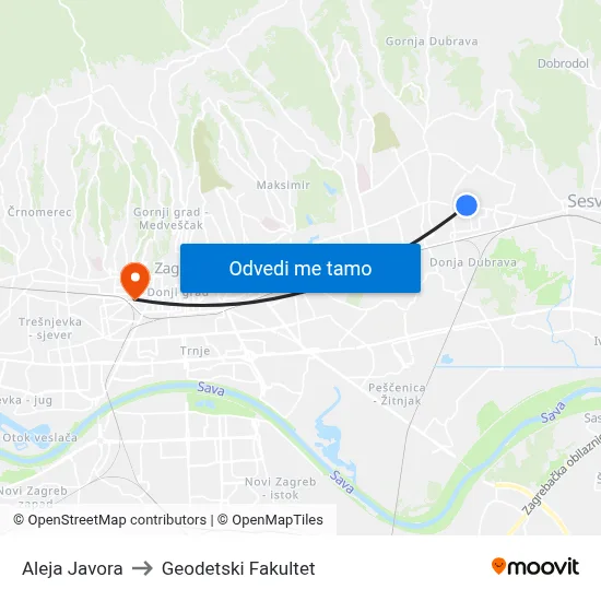 Aleja Javora to Geodetski Fakultet map