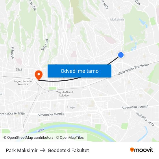 Park Maksimir to Geodetski Fakultet map