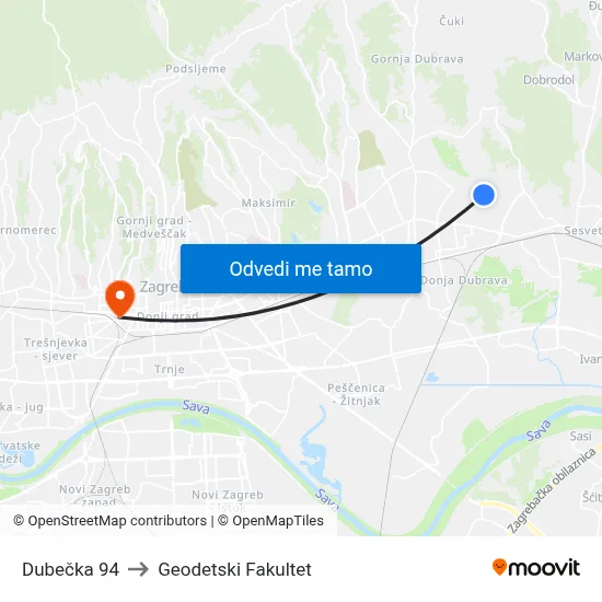 Dubečka 94 to Geodetski Fakultet map