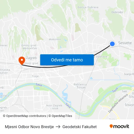 Mjesni Odbor Novo Brestje to Geodetski Fakultet map