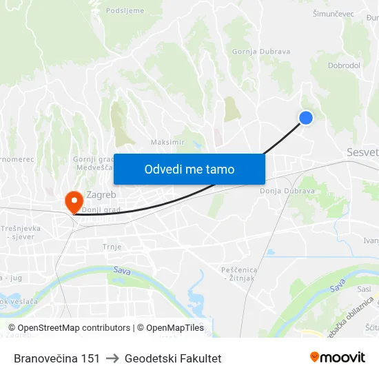 Branovečina 151 to Geodetski Fakultet map