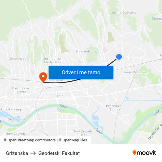 Grižanska to Geodetski Fakultet map