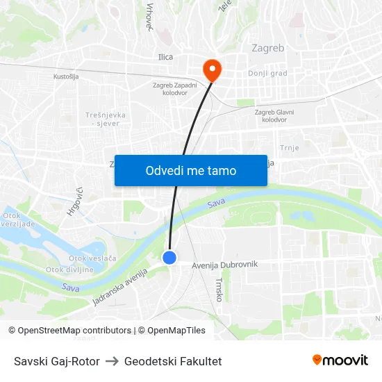 Savski Gaj-Rotor to Geodetski Fakultet map