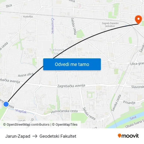 Jarun-Zapad to Geodetski Fakultet map