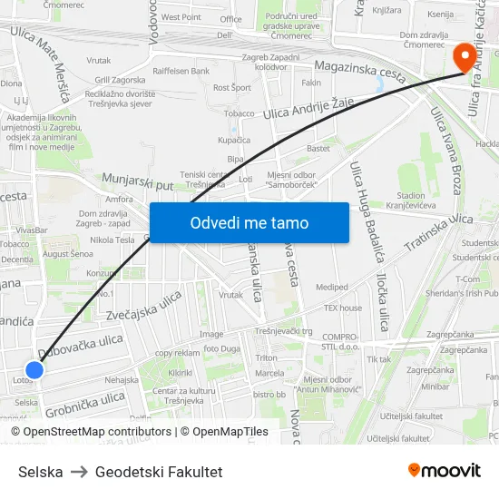 Selska to Geodetski Fakultet map
