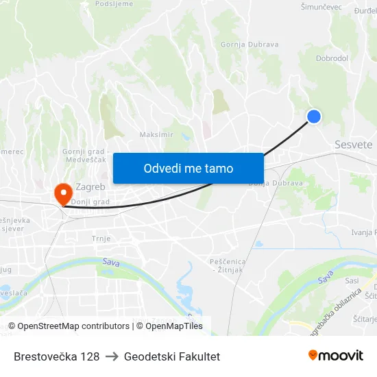 Brestovečka 128 to Geodetski Fakultet map