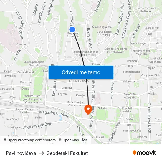 Pavlinovićeva to Geodetski Fakultet map