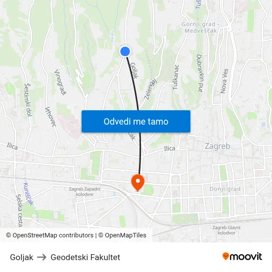 Goljak to Geodetski Fakultet map