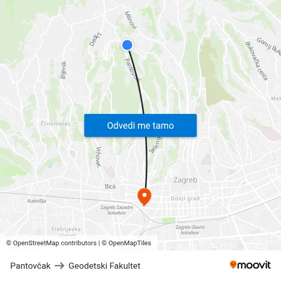 Pantovčak to Geodetski Fakultet map