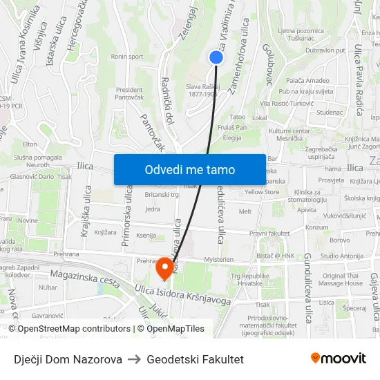 Dječji Dom Nazorova to Geodetski Fakultet map