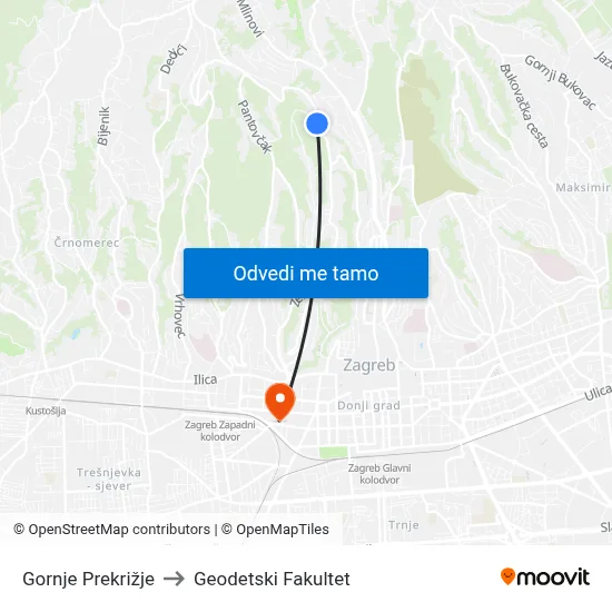 Gornje Prekrižje to Geodetski Fakultet map