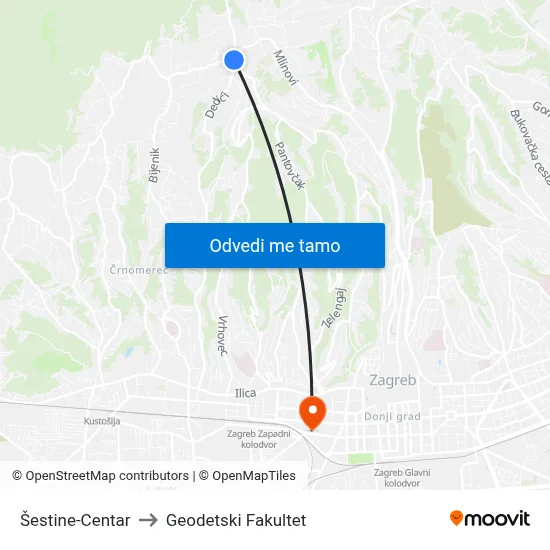 Šestine-Centar to Geodetski Fakultet map