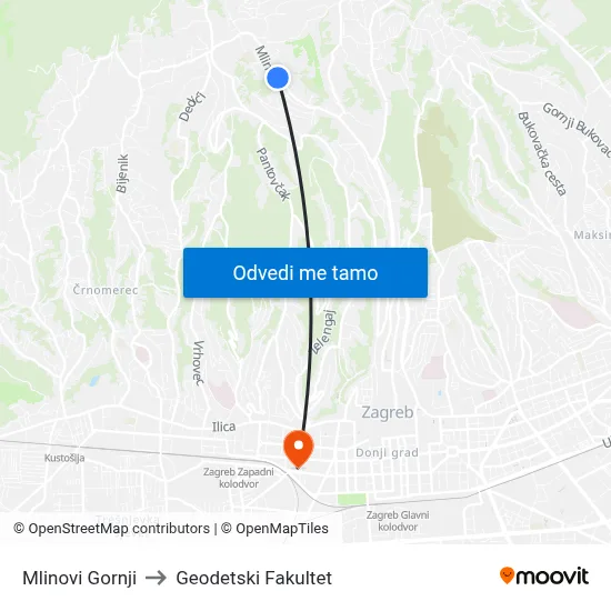 Mlinovi Gornji to Geodetski Fakultet map