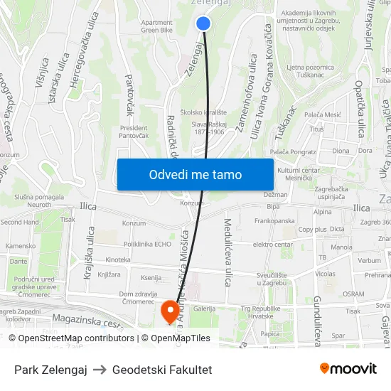 Park Zelengaj to Geodetski Fakultet map