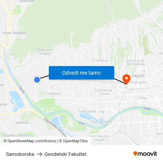 Samoborska to Geodetski Fakultet map