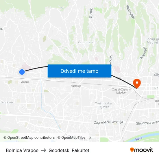 Bolnica Vrapče to Geodetski Fakultet map