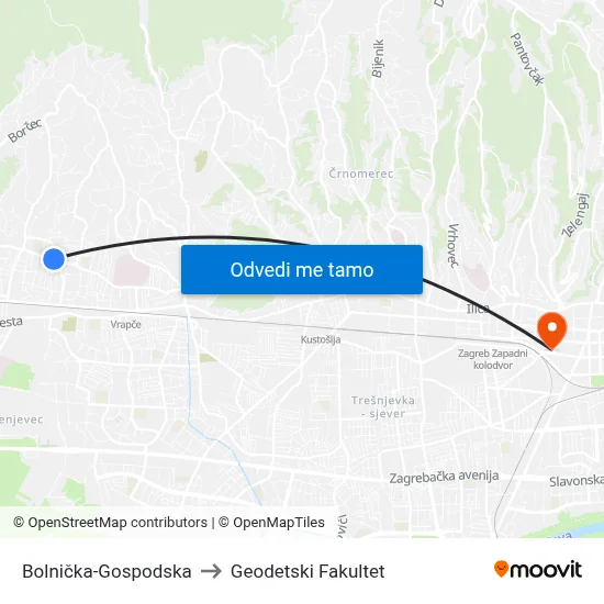 Bolnička-Gospodska to Geodetski Fakultet map