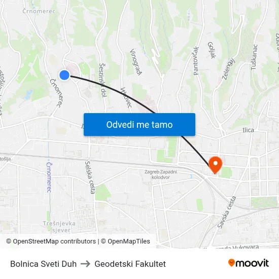 Bolnica Sveti Duh to Geodetski Fakultet map