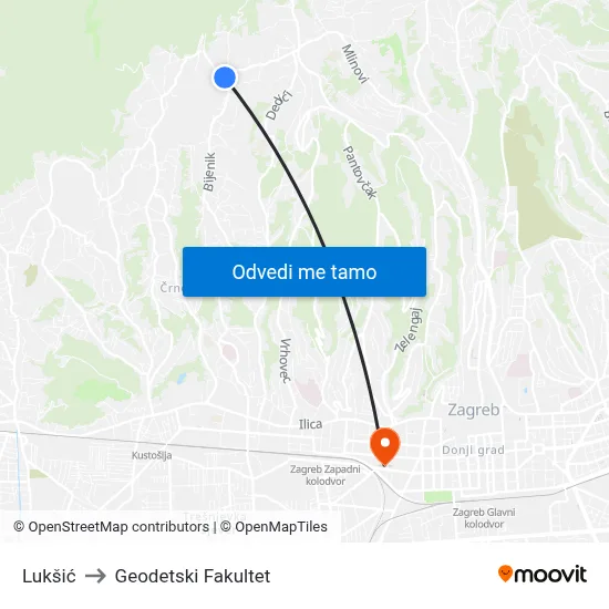 Lukšić to Geodetski Fakultet map