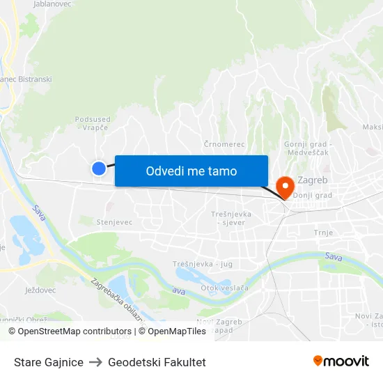 Stare Gajnice to Geodetski Fakultet map