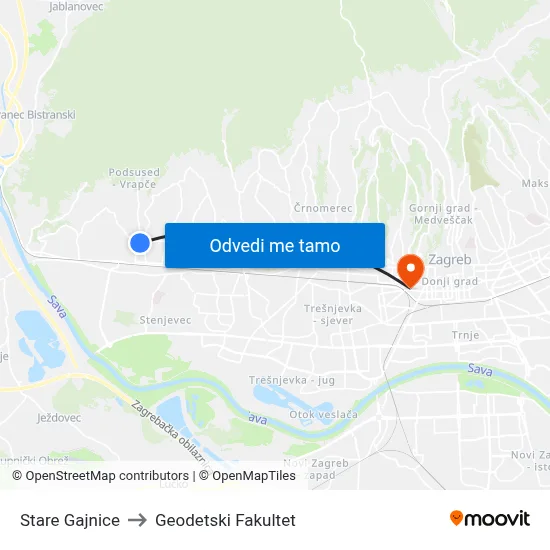 Stare Gajnice to Geodetski Fakultet map