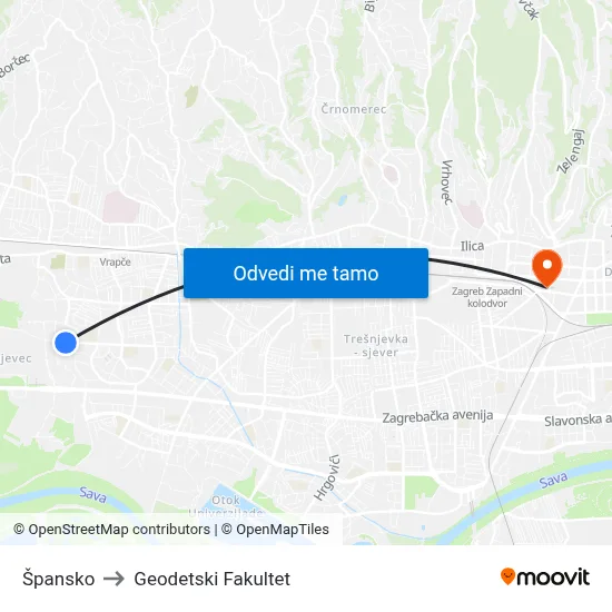 Špansko to Geodetski Fakultet map