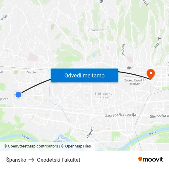 Špansko to Geodetski Fakultet map