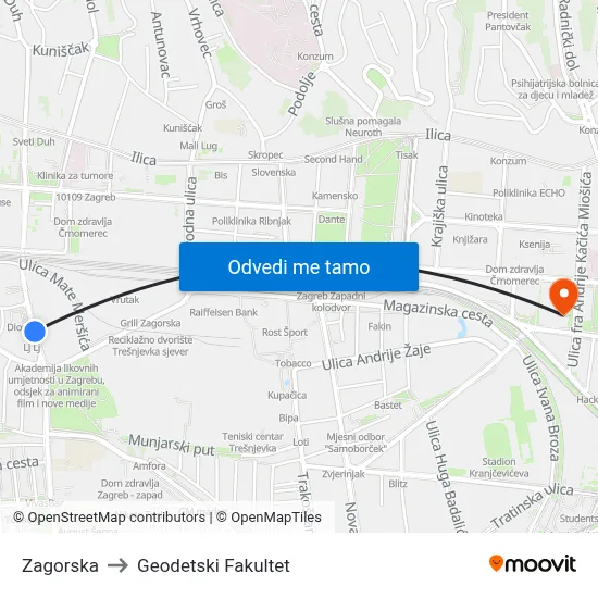 Zagorska to Geodetski Fakultet map