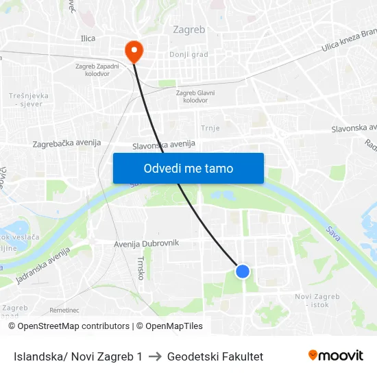 Islandska/ Novi Zagreb 1 to Geodetski Fakultet map